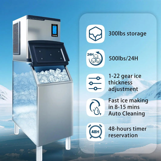 ETL Modular Commercial Ice Machines 500lbs/24H with 300lbs Ice bin, Industrial Cube Ice Maker Machine, Powerful Compressor, Timer&Self-Cleaning, DOE&CEC Energy-efficient GSEICE