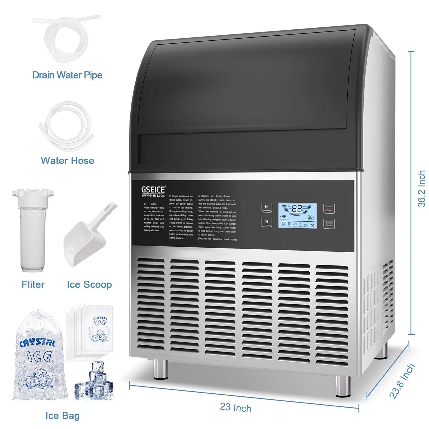 GSEICE ETL Sanitation and Listed Certificated SY200 110V Commercial Ice Maker Machine 200LBS/24H, Stainless Steel Ice Machine with 70LBS Storage Capacity,70 Ice Cubes Ready in 11-15Mins, Includes Water Filter and Connection Hose GSEICE