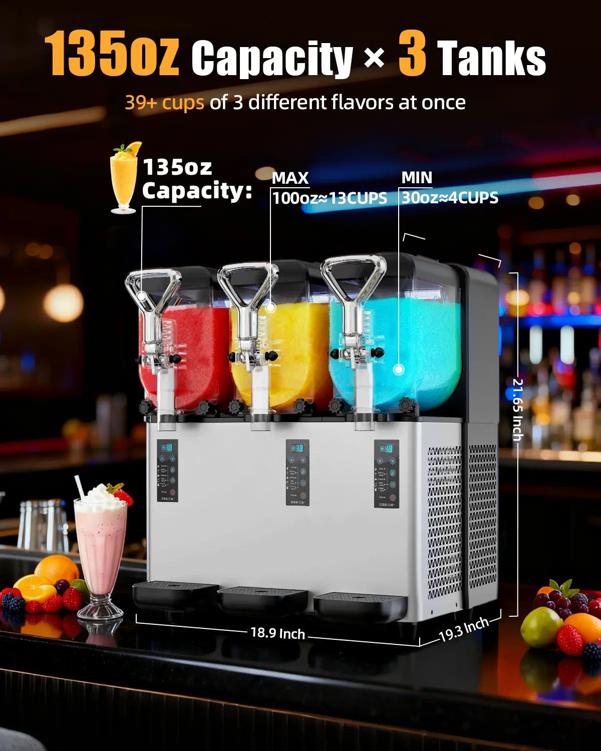 5-in-1 kommerzielle Slushy-Maschine, 3x1,05Gal Margarita-Maschine für Slush, Cocktails, Frappe, Milchshake, Saft
