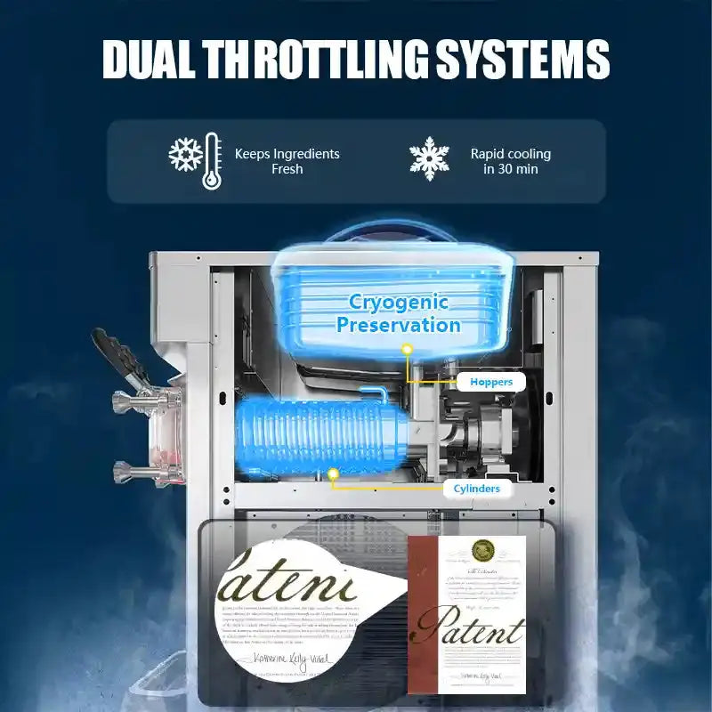 GSEICE BJK288S-Z 2500W Commercial Ice Cream Maker,6.8-8.4 Gal/H Yield, 2500W Countertop Soft Serve Machine w/ 2*2.1 Gal Hopper 0.53 Gal Cylinders LCD Panel Puffing Shortage Alarm, Frozen Yogurt ACAI Maker for Restaurant Snack Bar GSEICE