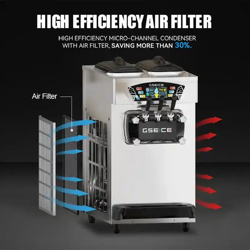 GSEICE BJK288S-Z 2500W Commercial Ice Cream Maker,6.8-8.4 Gal/H Yield, 2500W Countertop Soft Serve Machine w/ 2*2.1 Gal Hopper 0.53 Gal Cylinders LCD Panel Puffing Shortage Alarm, Frozen Yogurt ACAI Maker for Restaurant Snack Bar GSEICE