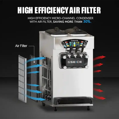 GSEICE BJK288S-Z 2500W Commercial Ice Cream Maker,6.8-8.4 Gal/H Yield, 2500W Countertop Soft Serve Machine w/ 2*2.1 Gal Hopper 0.53 Gal Cylinders LCD Panel Puffing Shortage Alarm, Frozen Yogurt ACAI Maker for Restaurant Snack Bar GSEICE
