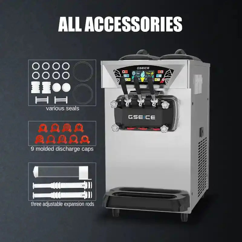 GSEICE BJK288S-Z 2500W Commercial Ice Cream Maker,6.8-8.4 Gal/H Yield, 2500W Countertop Soft Serve Machine w/ 2*2.1 Gal Hopper 0.53 Gal Cylinders LCD Panel Puffing Shortage Alarm, Frozen Yogurt ACAI Maker for Restaurant Snack Bar GSEICE
