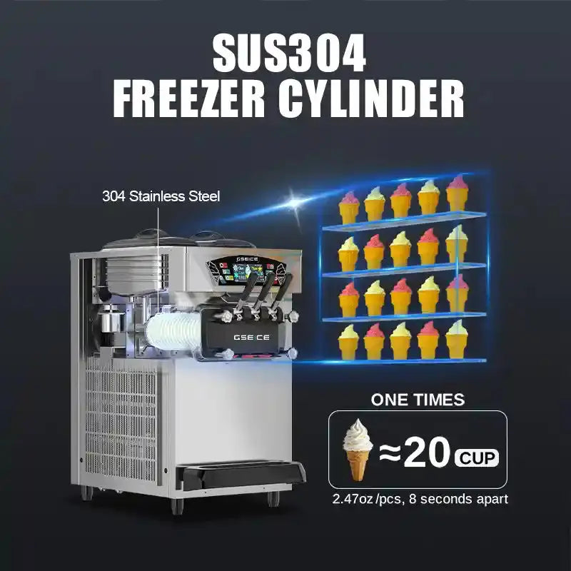 GSEICE BJK288S-Z 2500W Commercial Ice Cream Maker,6.8-8.4 Gal/H Yield, 2500W Countertop Soft Serve Machine w/ 2*2.1 Gal Hopper 0.53 Gal Cylinders LCD Panel Puffing Shortage Alarm, Frozen Yogurt ACAI Maker for Restaurant Snack Bar GSEICE