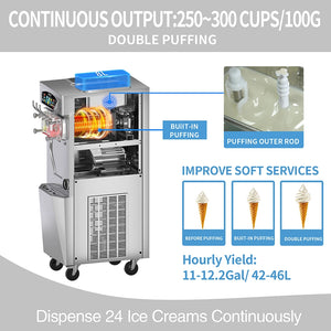 GSEICE BJK428C 3600W Commercial Ice Cream Machine, 11-12.2 Gal/H Yield, 2+1 Flavors Soft Serve  w/ Two 2.1 Gal Hoppers 0.53 Gal Cylinders Puffing Pre-Cooling & Frequency Conversion, Floorstanding Ice Cream Maker for Business Restaurant Snack Bar Café