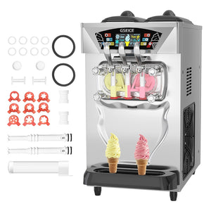 GSEICE BJK428S 3600W Commercial Ice Cream Machine, 11-12.2 Gal/H Yield, 2+1 Flavors Soft Serve Machine w/ Two 2.1 Gal Hoppers 0.53 Gal Cylinders Puffing Pre-Cooling & Frequency Conversion, Countertop Ice Cream Maker for Business Restaurant Snack Bar Café