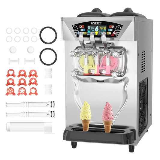 GSEICE BJK428S 3600W Commercial Ice Cream Machine, 11-12.2 Gal/H Yield, 2+1 Flavors Soft Serve Machine w/ Two 2.1 Gal Hoppers 0.53 Gal Cylinders Puffing Pre-Cooling & Frequency Conversion, Countertop Ice Cream Maker for Business Restaurant Snack Bar Café - GSEICE