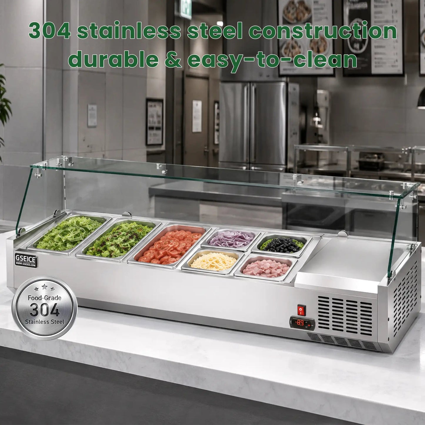 304 Stainless Steel Topping Chiller with Tempered Glass Sneeze Guard
