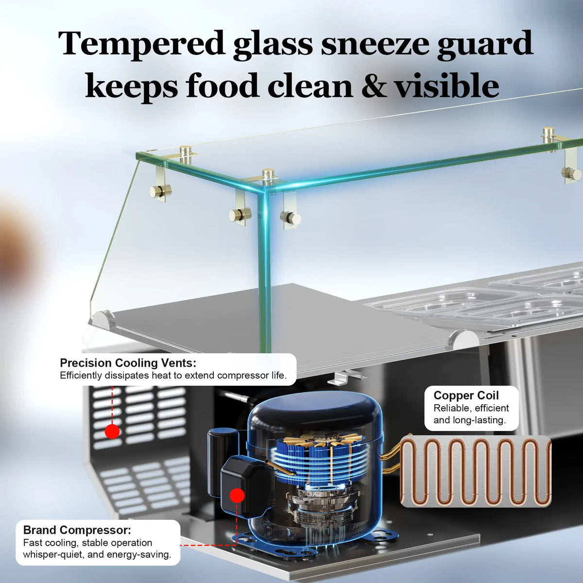 countertop refrigerated prep rail with sneeze guard