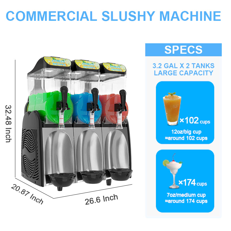 GSEICE Commercial Slushy Machine, 3.2 Gal x 3 Tank Frozen Drink Machine, 110V, 1200W Commercial Margarita Machine Stainless Steel, Suitable for Supermarkets, Cafes, Restaurants, Snack Bar