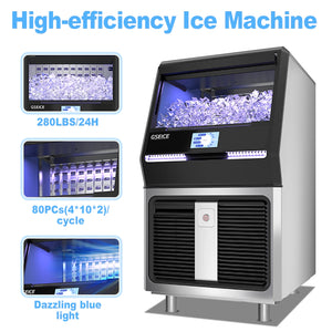 GSEICE SDHY280 110V Commercial Ice Maker Machine,Crescent Shaped Ice 280LBS/24H with 70LBS Bin, Touch Panel,Stainless Steel, Auto Clean,Include Water Filter,Scoop,Connection Hose, Professional Refrigeration Equipment