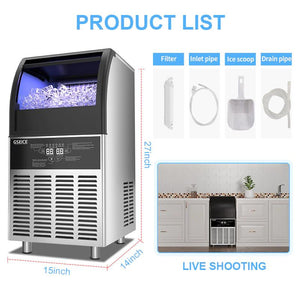 Upgraded Commercial Ice Maker Machine,GSEICE SY90 110V Ice Maker Machine 90LBS/24H with 28LBS Bin, Stainless Steel Automatic Operation Under Counter Ice Machine for Home Bar, Include Water Filter, Scoop, Connection Hose